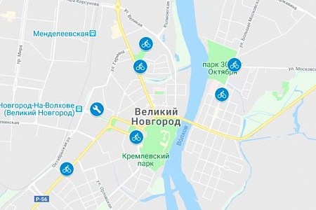 Карта энерготочек акции «На работу на велосипеде» в Великом Новгороде 17 мая 2019 году